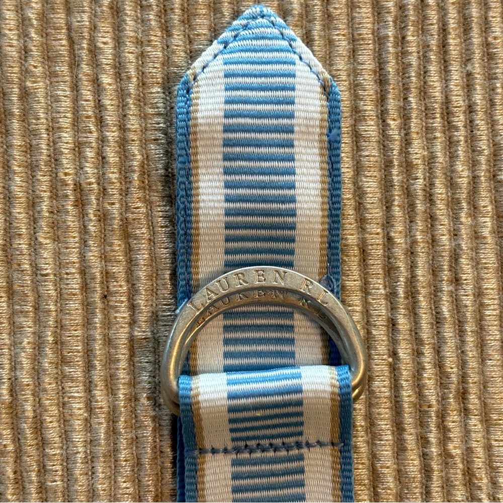 Lauren RL Fabric Striped Belt Blue White Tan Like New total length 36”